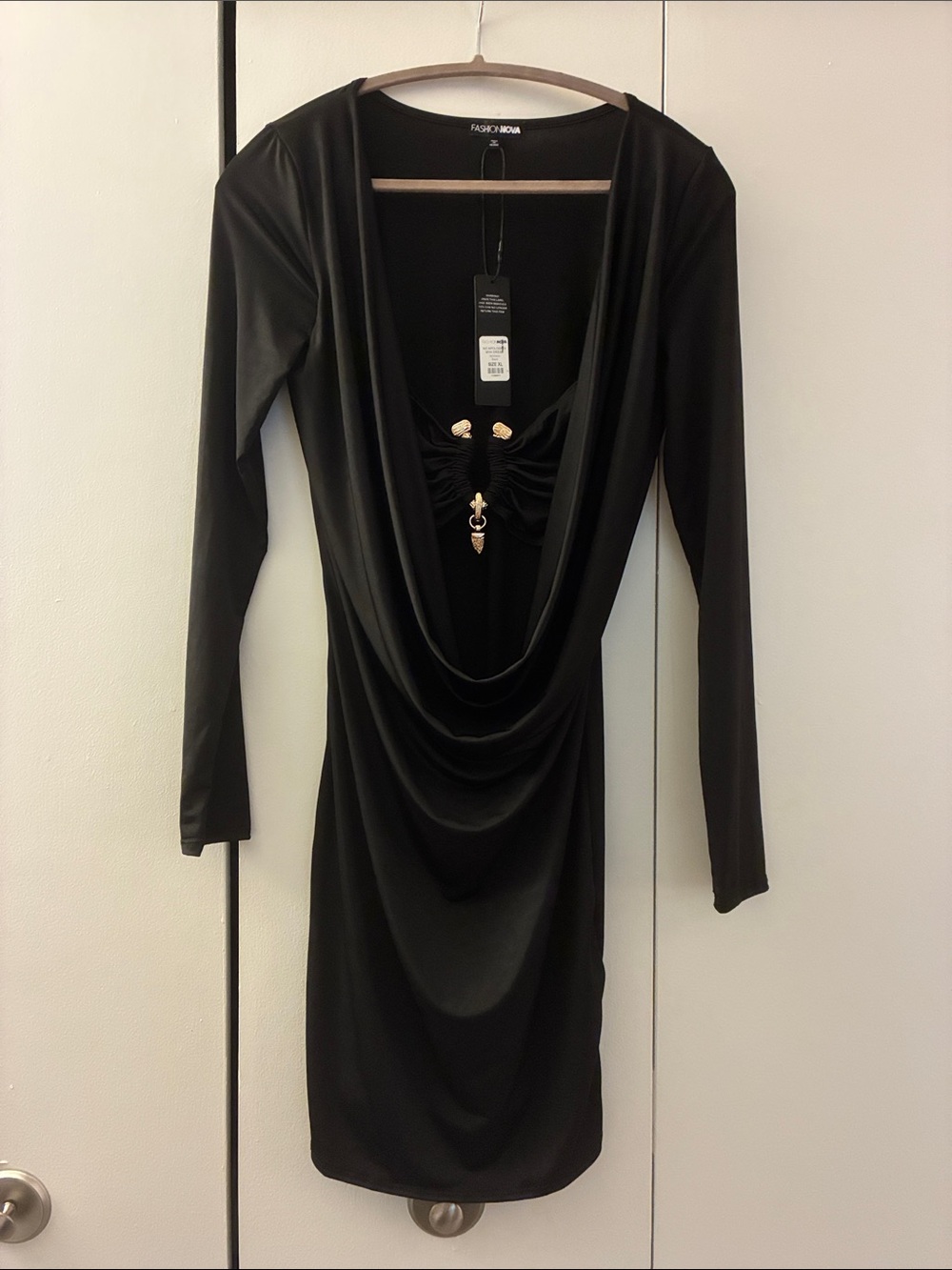 Fashion Nova Black Long Sleeve Draped Cowl Bodycon Dress with Gold Accents